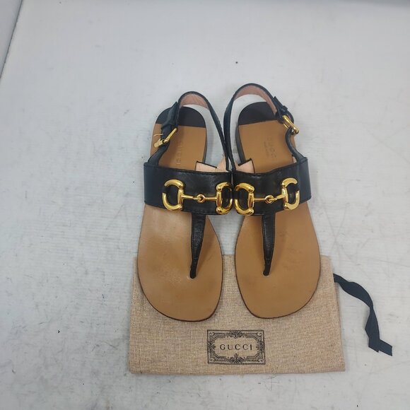GUCCI Black Baby Horsebit Thong Flat Leather Sandal - Picture 9 of 10